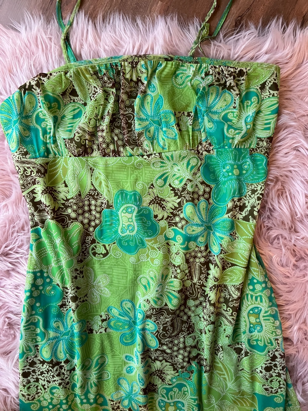 y2k Green Floral Asymmetrical Midi Dress with Teal Accents Plus Size Fairycore - Picture 3 of 6